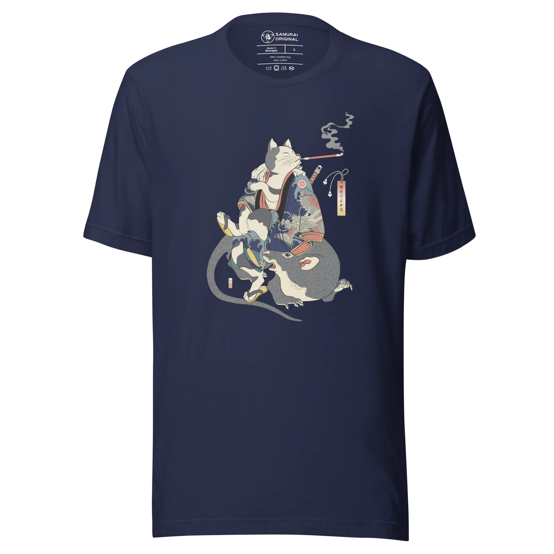 Cat and Mouse Funny Japanese Ukiyo-e Unisex T-shirt - Navy / S