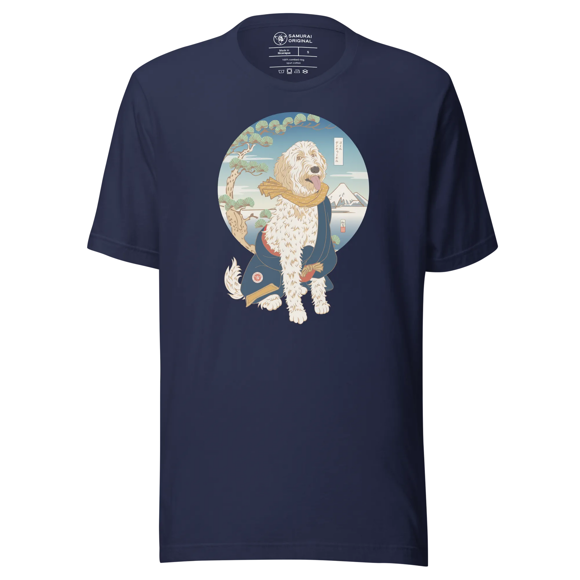 Golden Doodle Dog Funny Japanese Ukiyo-e Unisex T-shirt 2 - Navy / S