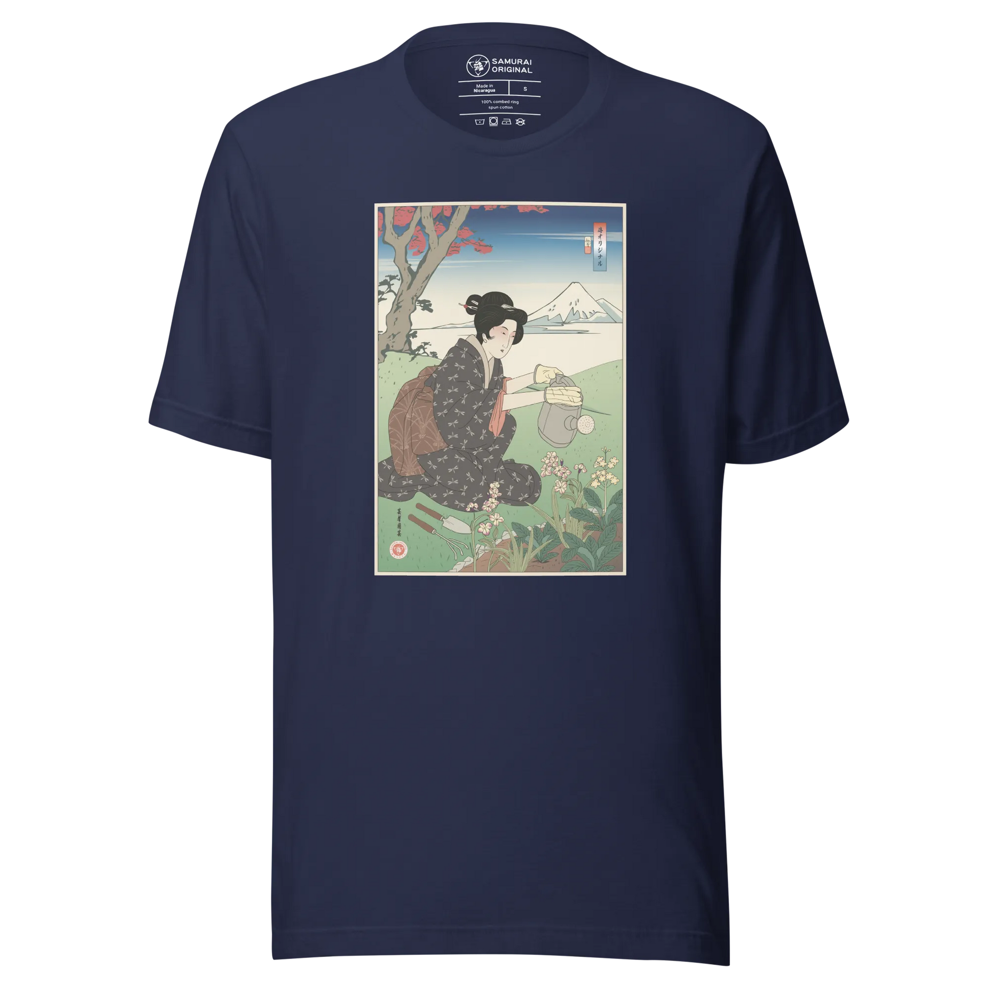 Geisha Gardening Japanese Ukiyo-e Unisex T-shirt - Navy / S