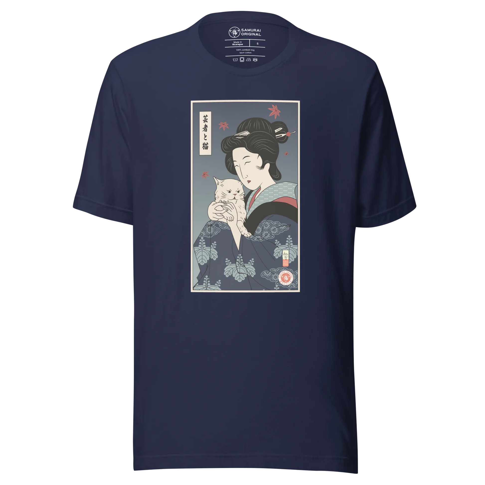 Geisha & Cat Funny Japanese Ukiyo-e Unisex T-Shirt - Navy / S