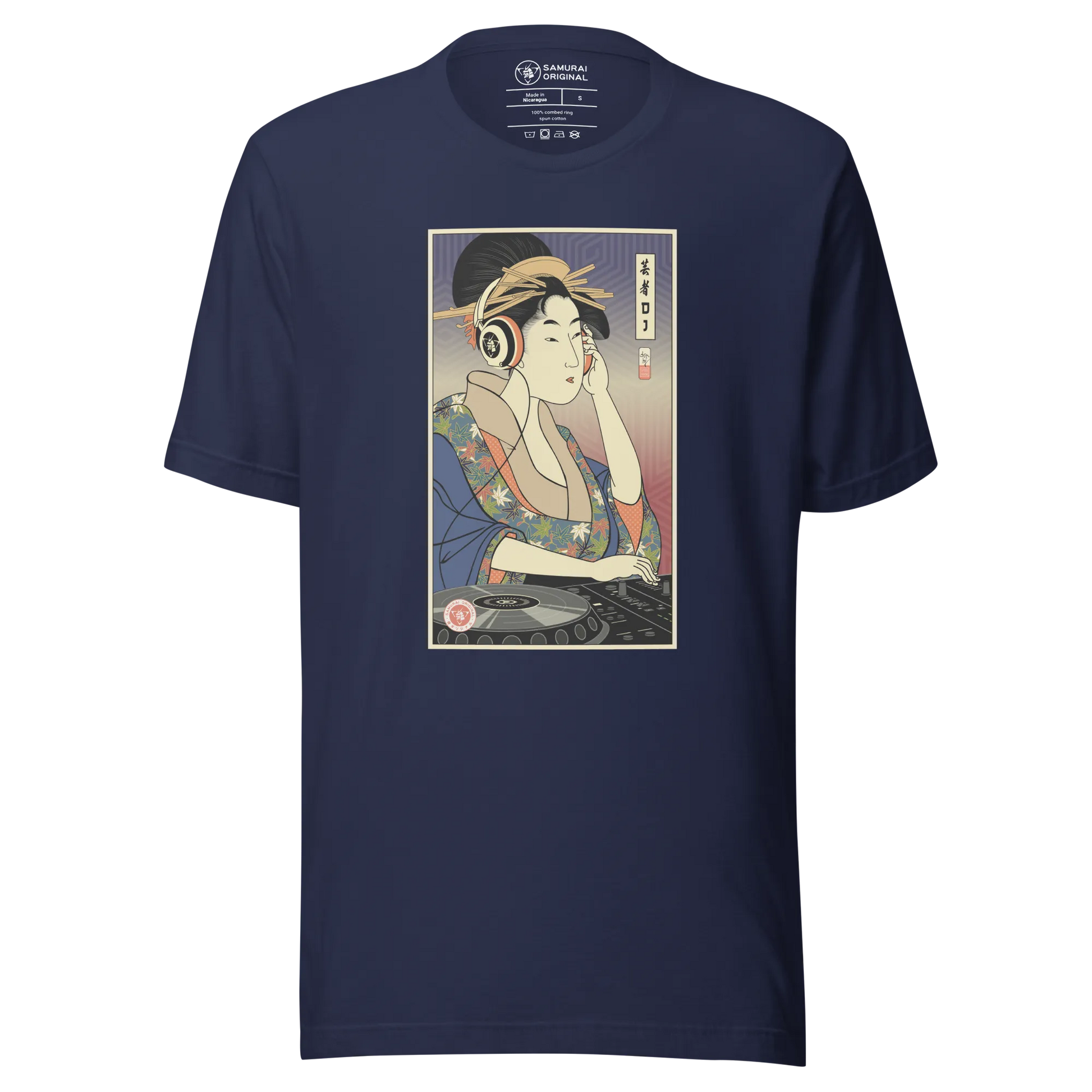 Geisha DJ Turntable Music Japanese Ukiyo-e Unisex T-Shirt - Navy / S