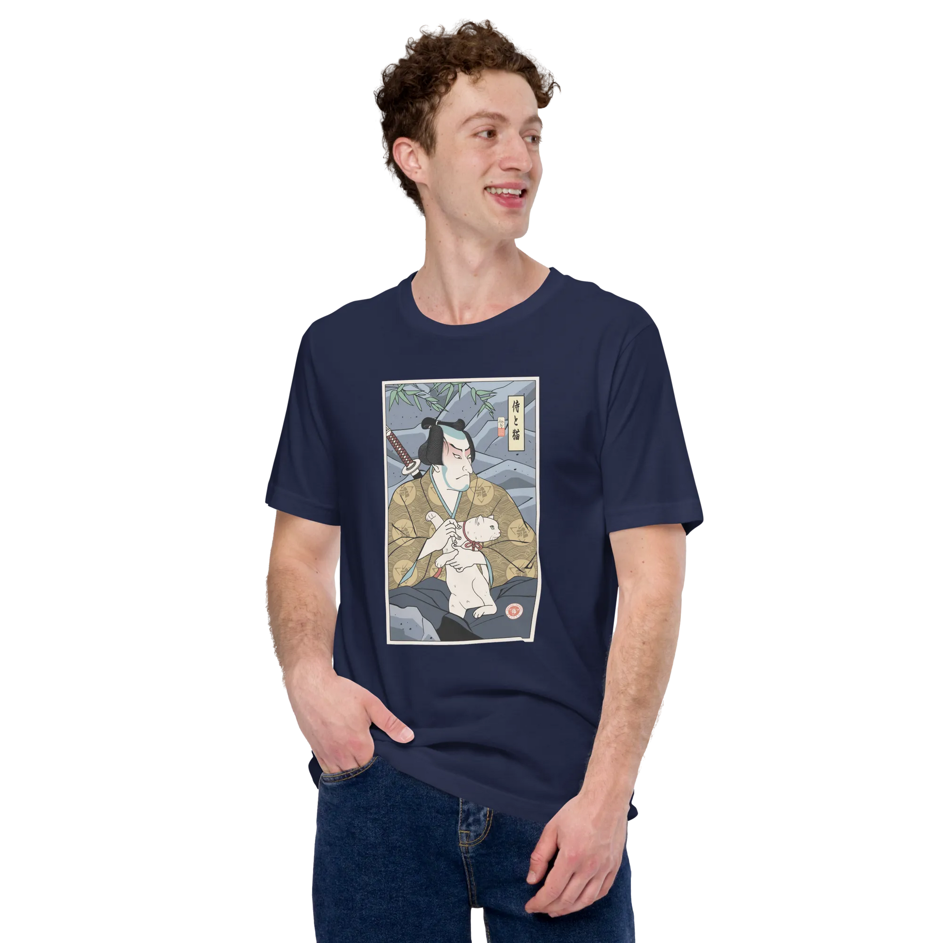 Samurai & Cat Funny Japanese Ukiyo-e Unisex T-Shirt - Samurai Original