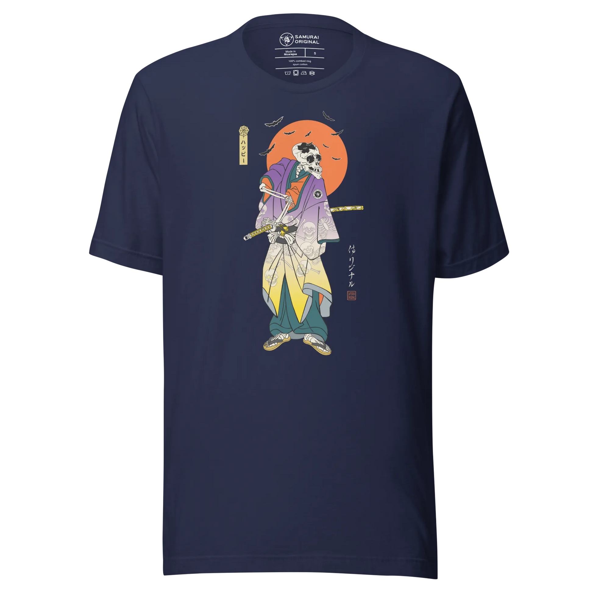 Halloween Samurai Skeleton Japanese Ukiyo-e Unisex T-shirt - Navy / S