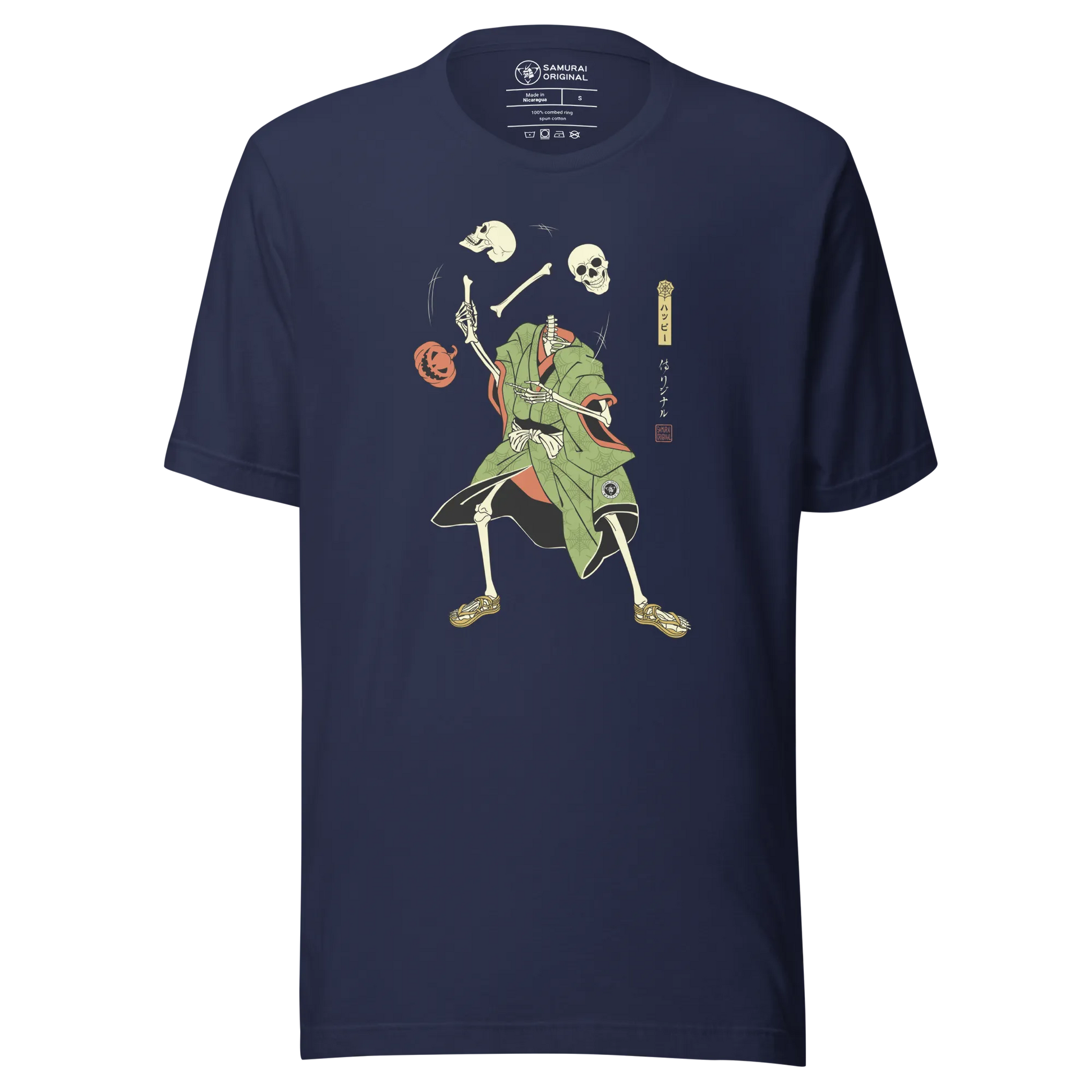 Halloween Samurai Skeleton Juggling Japanese Ukiyo-e Unisex T-shirt - Navy / S