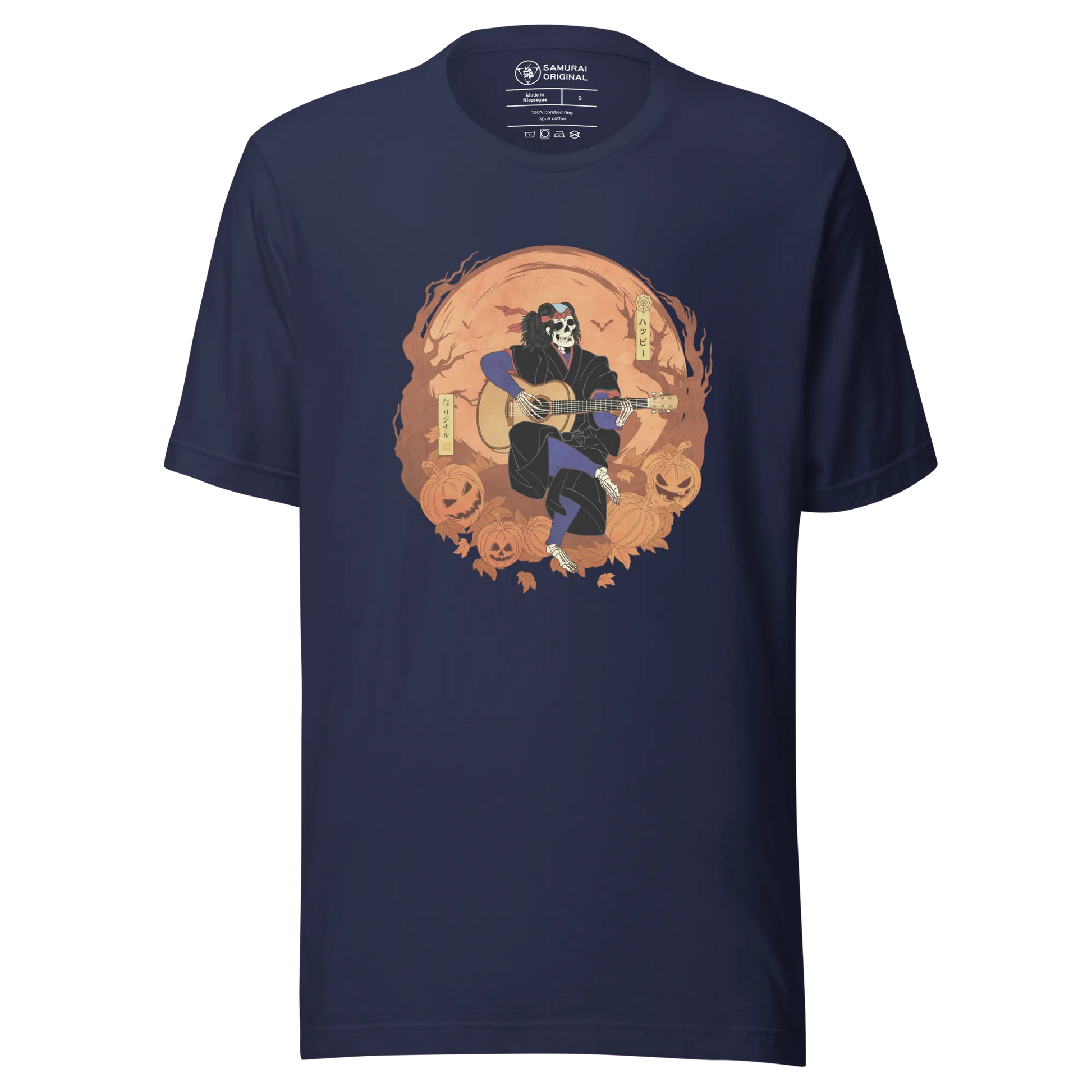 Halloween Skeleton Play Guitar Japanese Ukiyo-e Unisex T-shirt - Navy / S