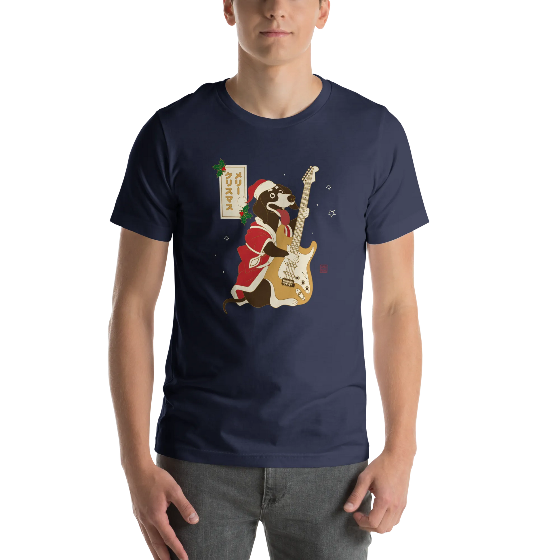 Dachshund Play Guitar Christmas Japanese Ukiyo-e Unisex T-shirt -