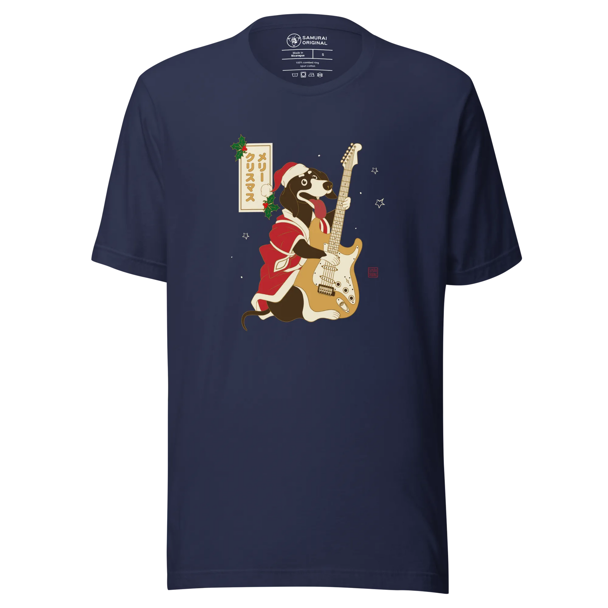 Dachshund Play Guitar Christmas Japanese Ukiyo-e Unisex T-shirt - Navy / S