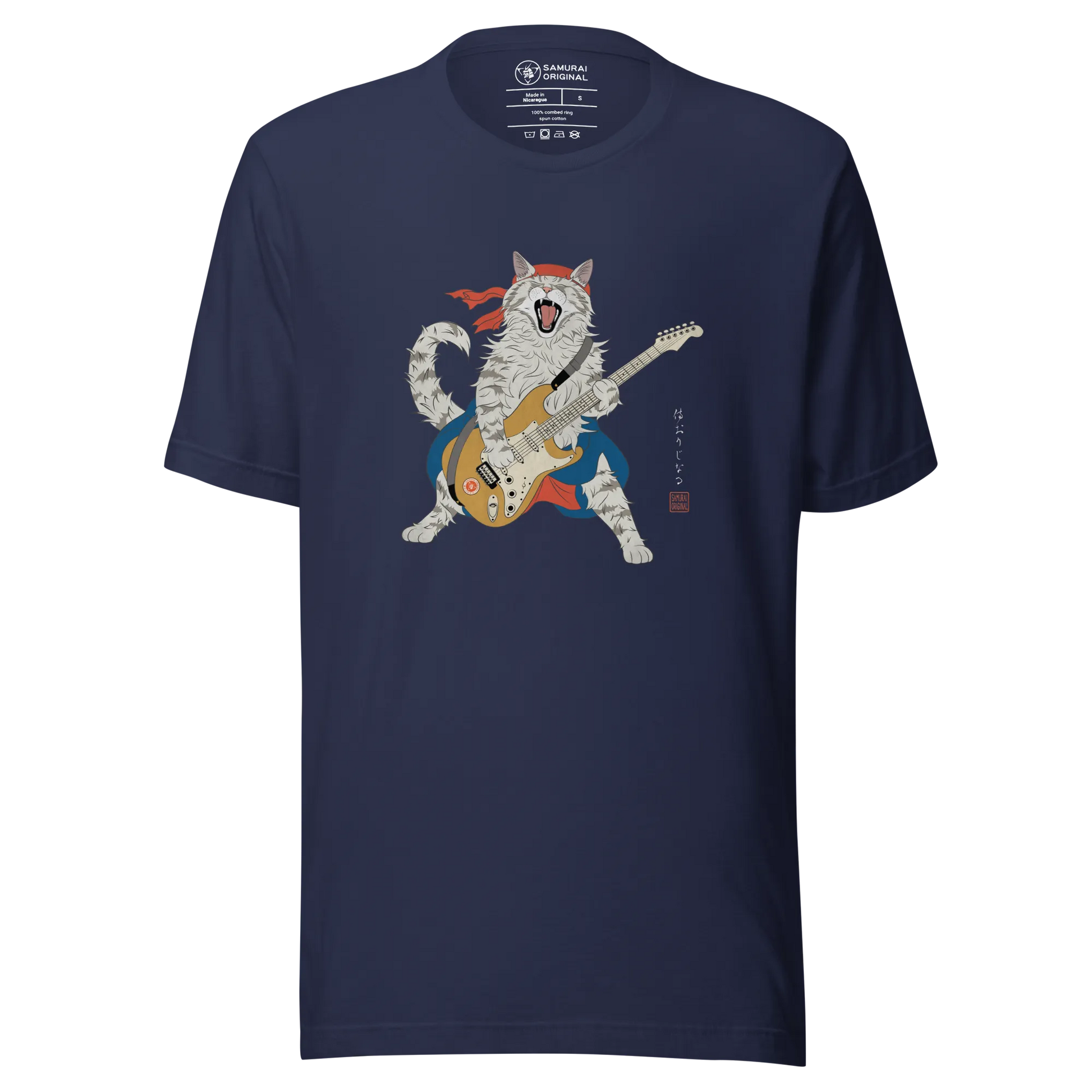 Cat Playing Guitar Japanese Ukiyo-e Unisex t-shirt - Navy / S