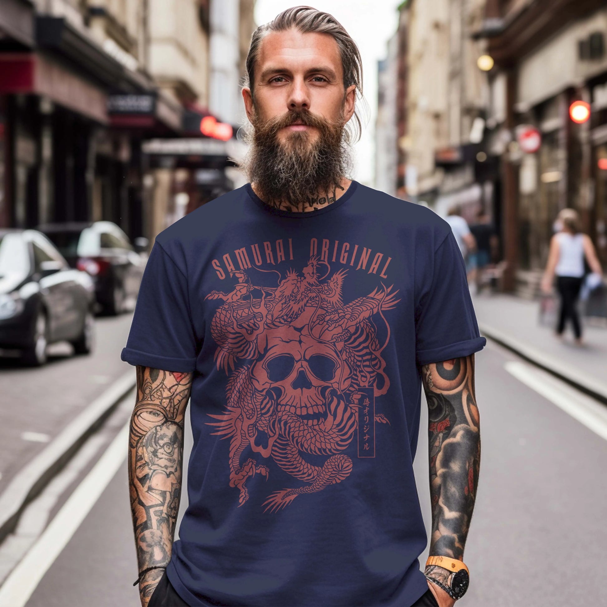 Dragon and Skull Japanese Ukiyo-e Unisex T-shirt - Navy / S