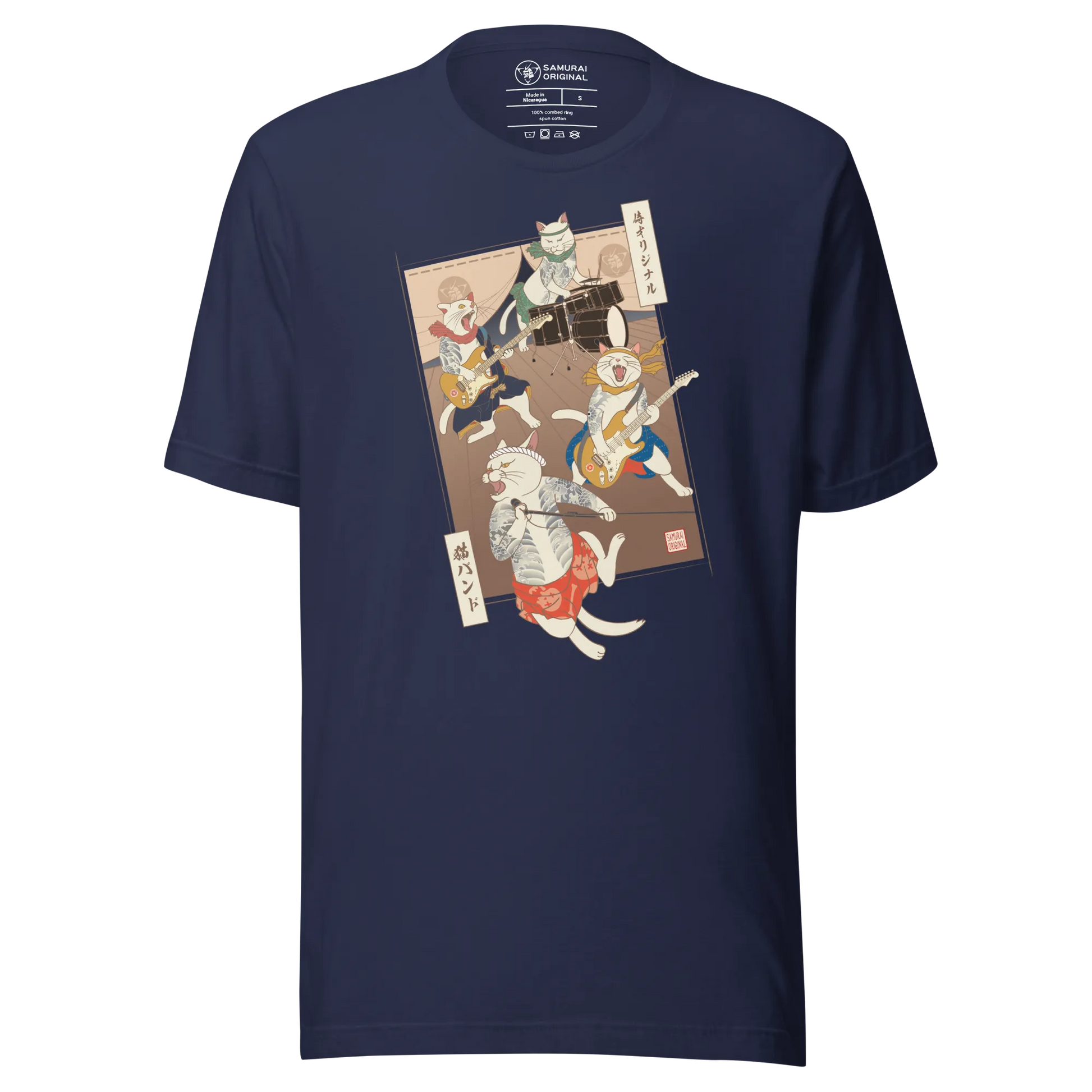 Cat Band Music Japan Ukiyo-e Unisex T-shirt - Navy / S