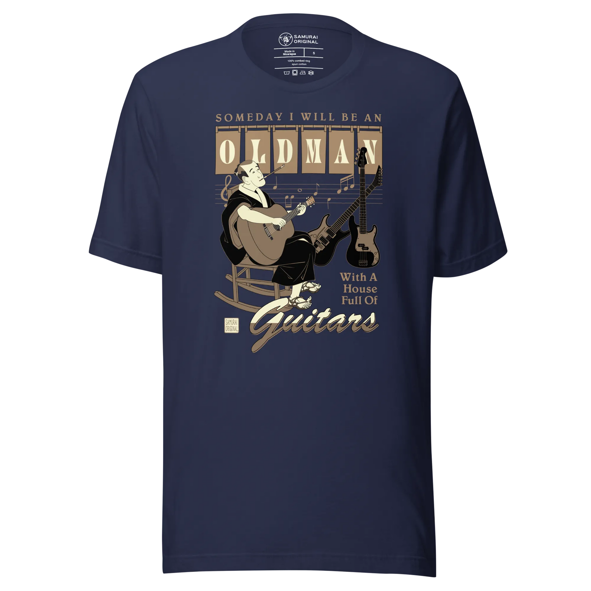 Samurai Guitar Quotes Japanese Ukiyo-e Unisex T-shirt - Navy / S