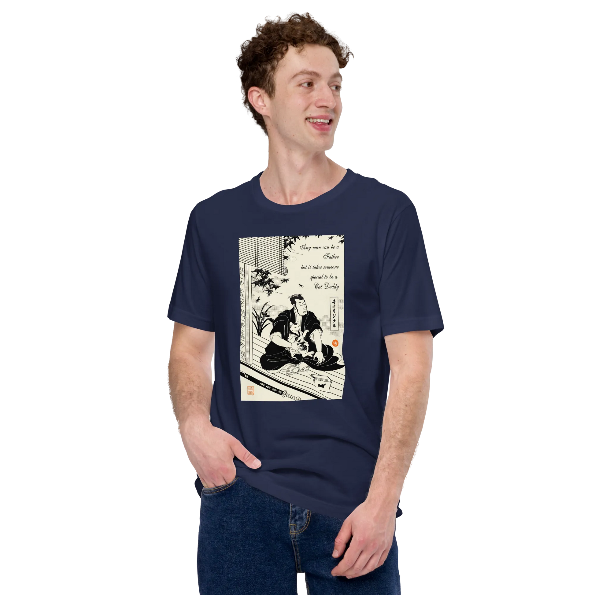 Samurai and Cat Japanese Ukiyo-e Unisex T-shirt 3 - Samurai Original