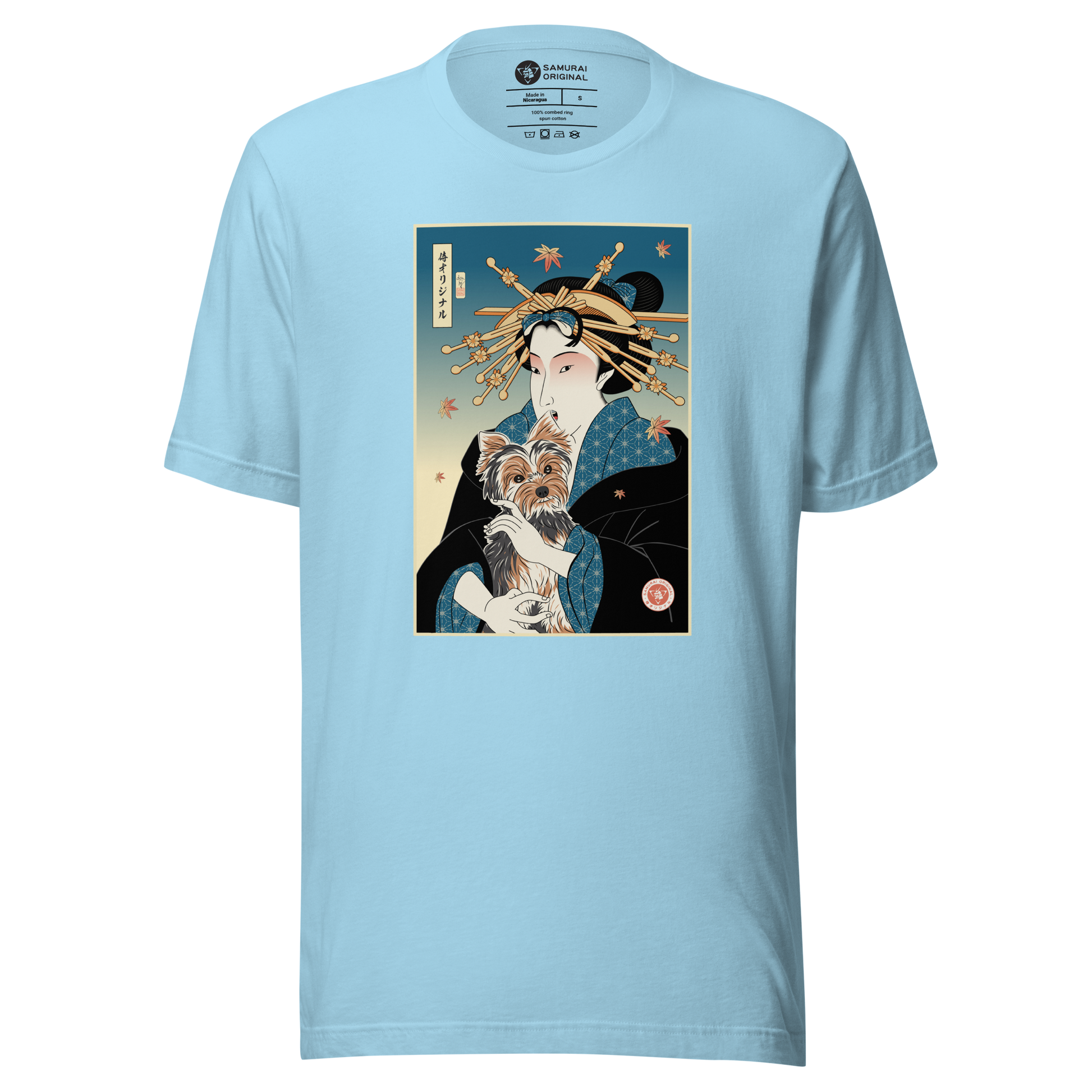 Geisha and Yorkshire Dog Japanese Ukiyo-e Unisex t-shirt - Ocean Blue / S