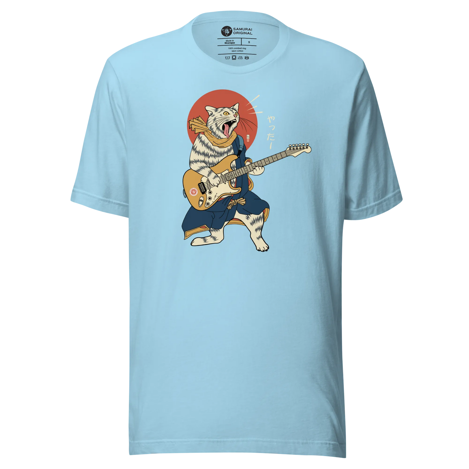 Cat Playing Guitar Funny Japanese Ukiyo-e Unisex T-shirt - Ocean Blue / S