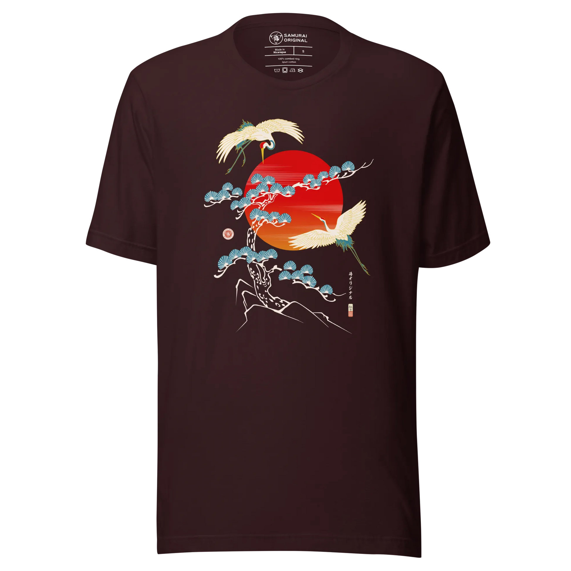 Crane Bird Japanese Ukiyo-e Unisex T-shirt - Oxblood Black / S