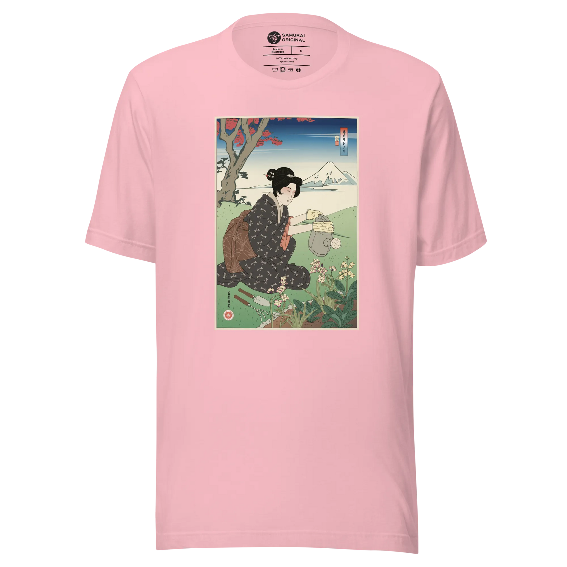 Geisha Gardening Japanese Ukiyo-e Unisex T-shirt - Pink / S