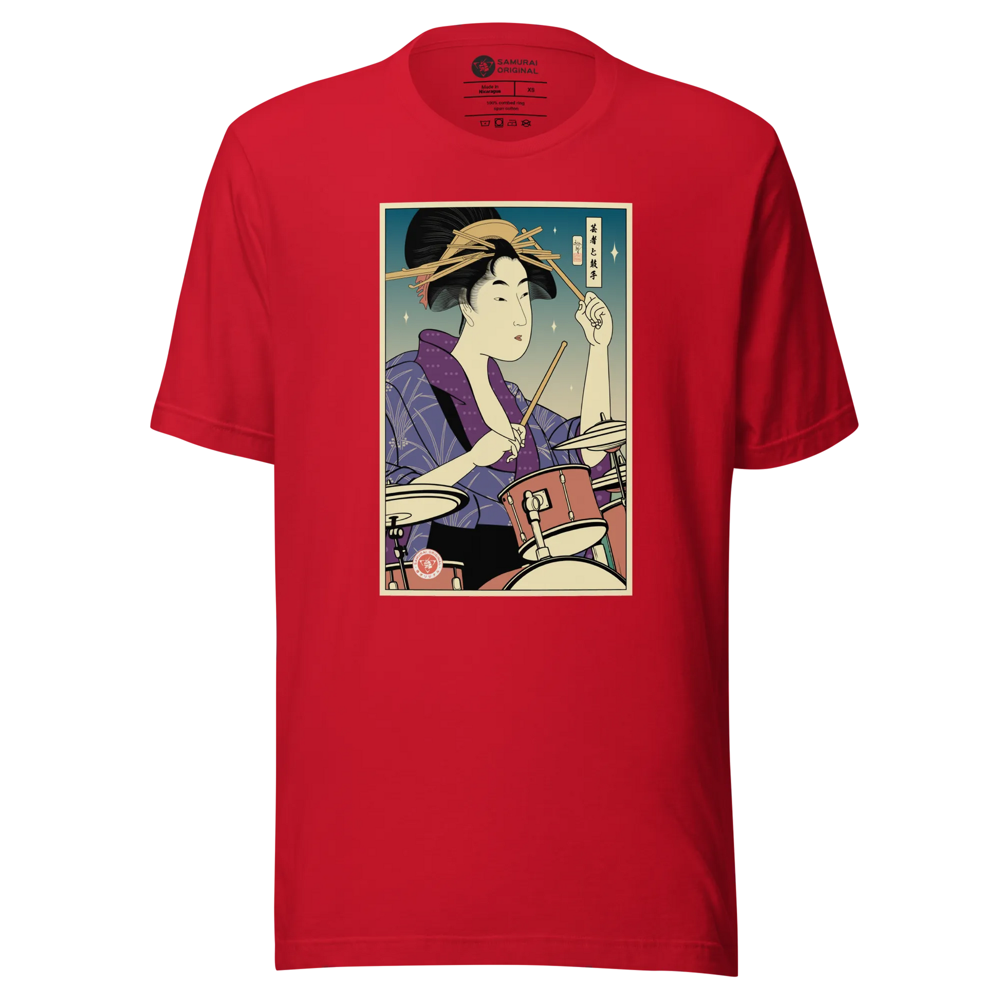 Geisha Drummer Percussion Music Japanese Ukiyo-e Unisex T-Shirt - Red / XS