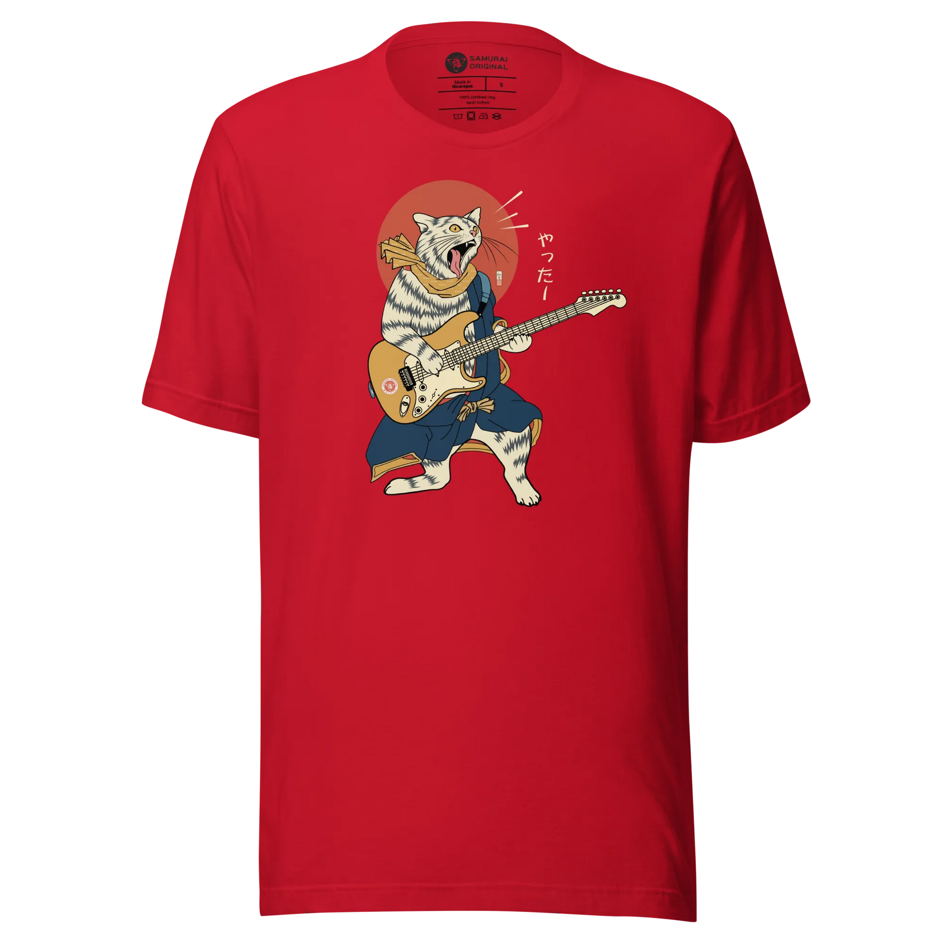 Cat Playing Guitar Funny Japanese Ukiyo-e Unisex T-shirt - Red / S