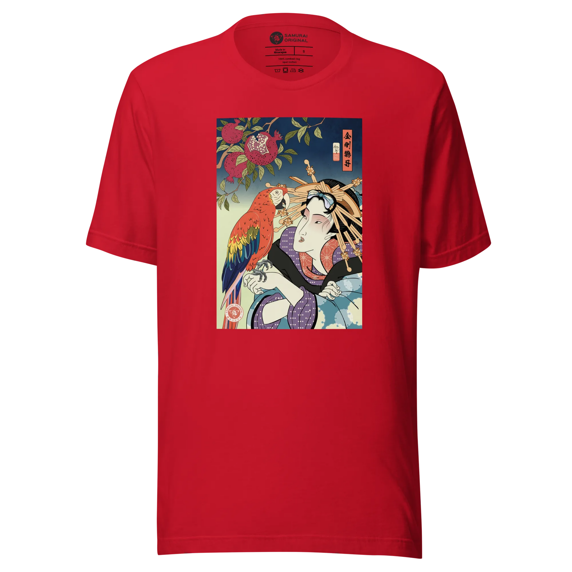 Geisha & Macaw Parrot Bird Japanese Ukiyo-e Unisex T-Shirt - Red / S