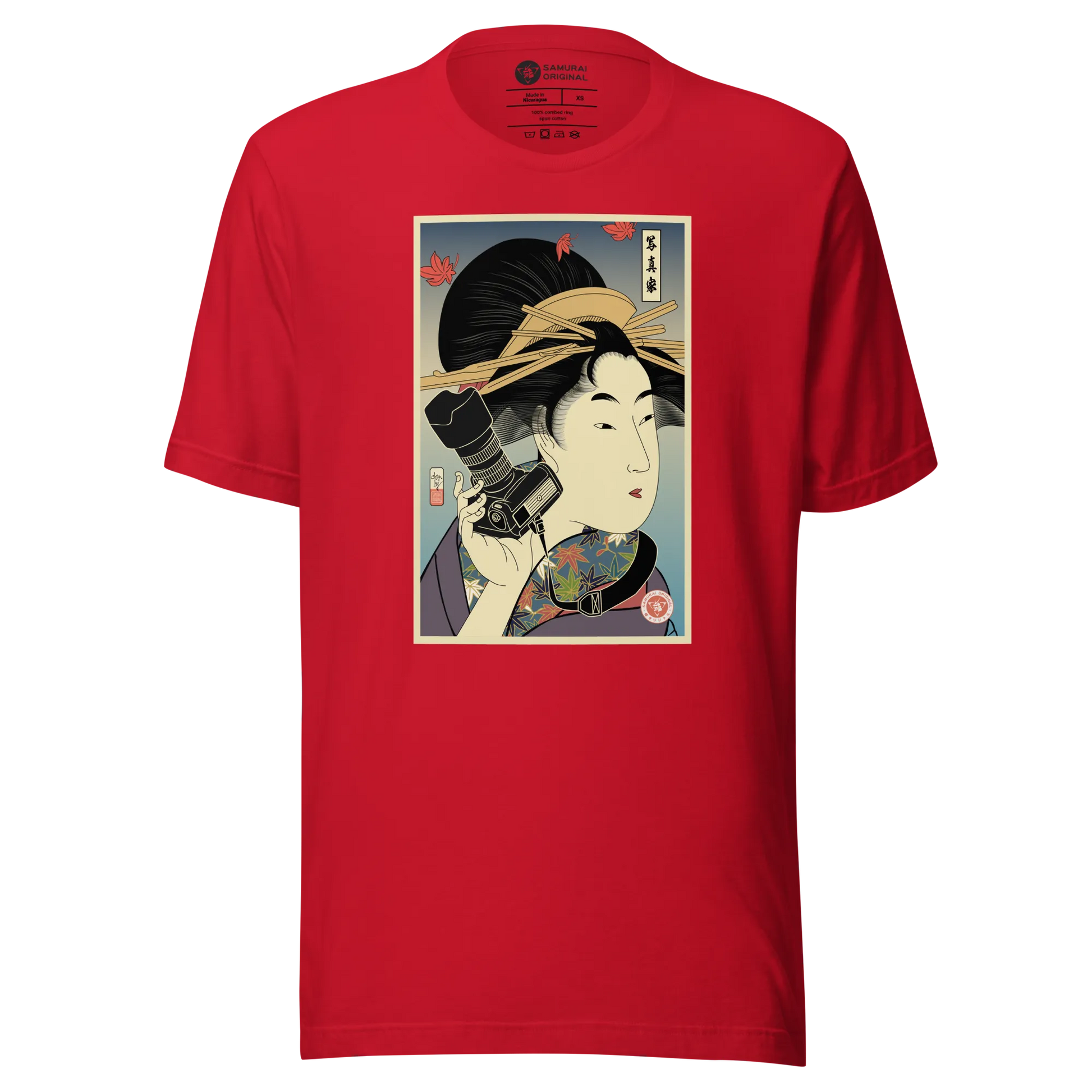 Geisha Photographer Camera Japanese Ukiyo-e Unisex T-Shirt - Red / S