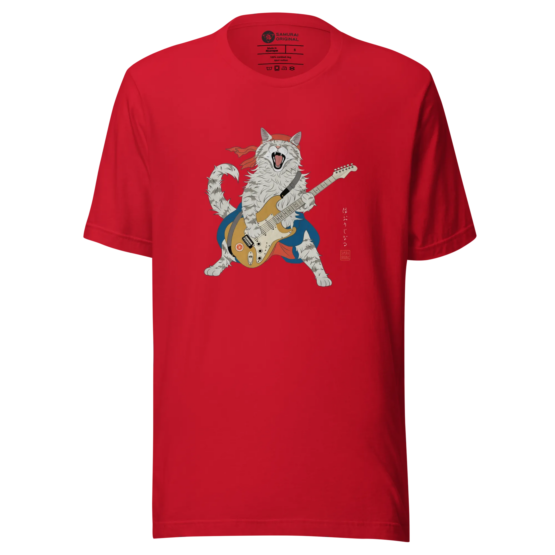 Cat Playing Guitar Japanese Ukiyo-e Unisex t-shirt - Red / S