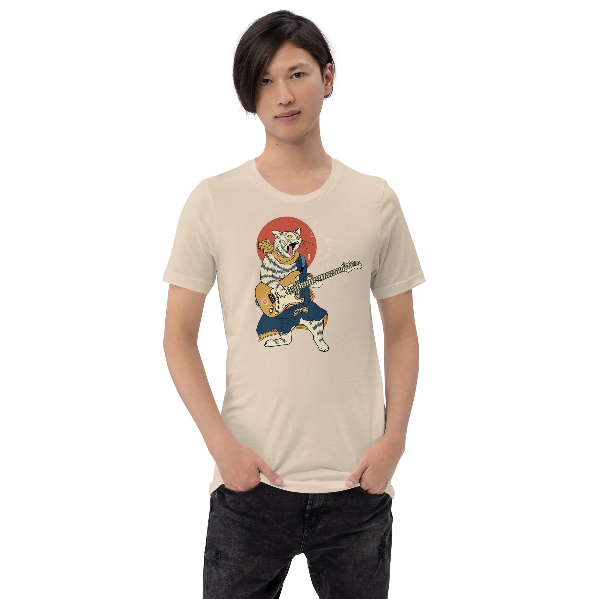 Cat Playing Guitar Funny Japanese Ukiyo-e Unisex T-shirt -