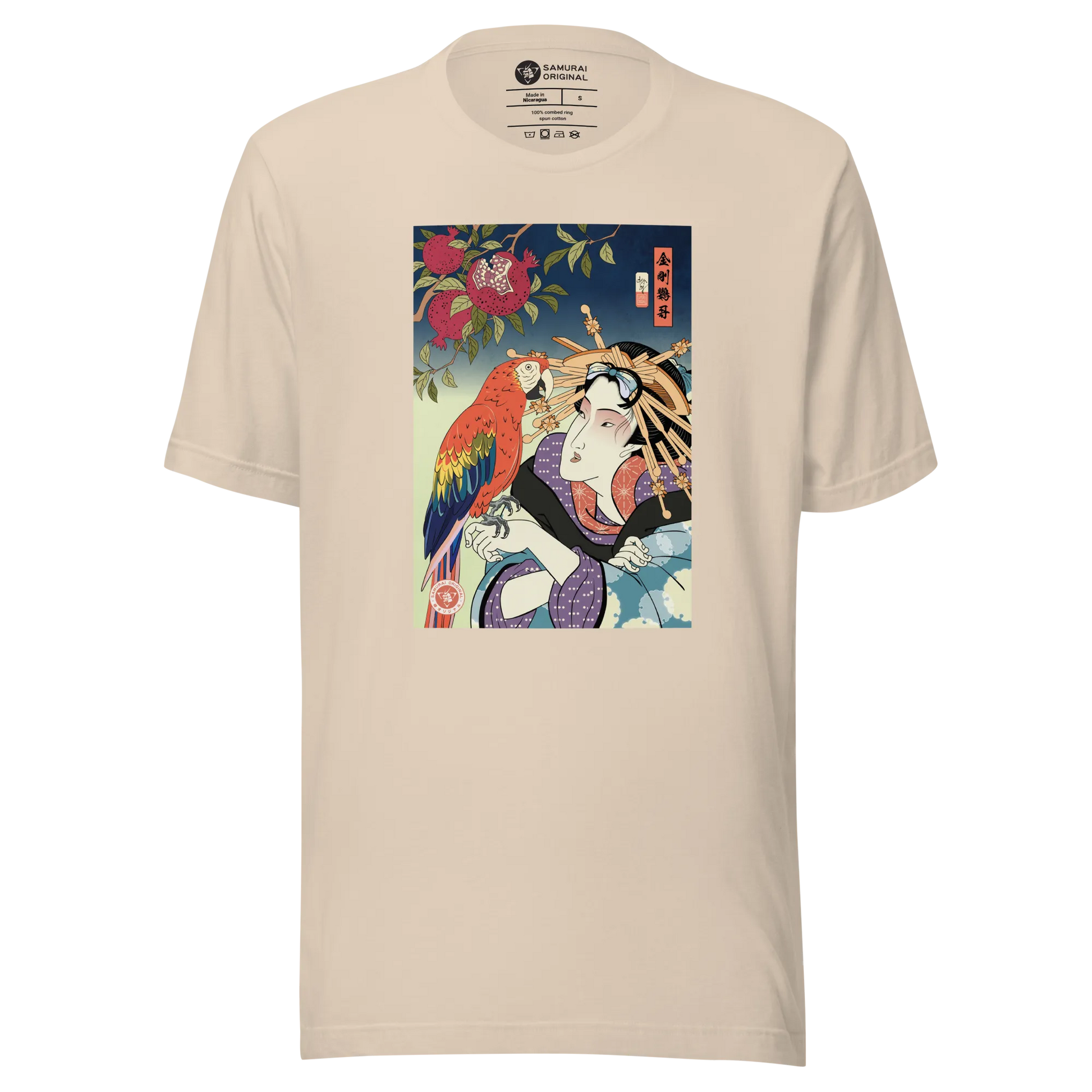 Geisha & Macaw Parrot Bird Japanese Ukiyo-e Unisex T-Shirt - Soft Cream / S