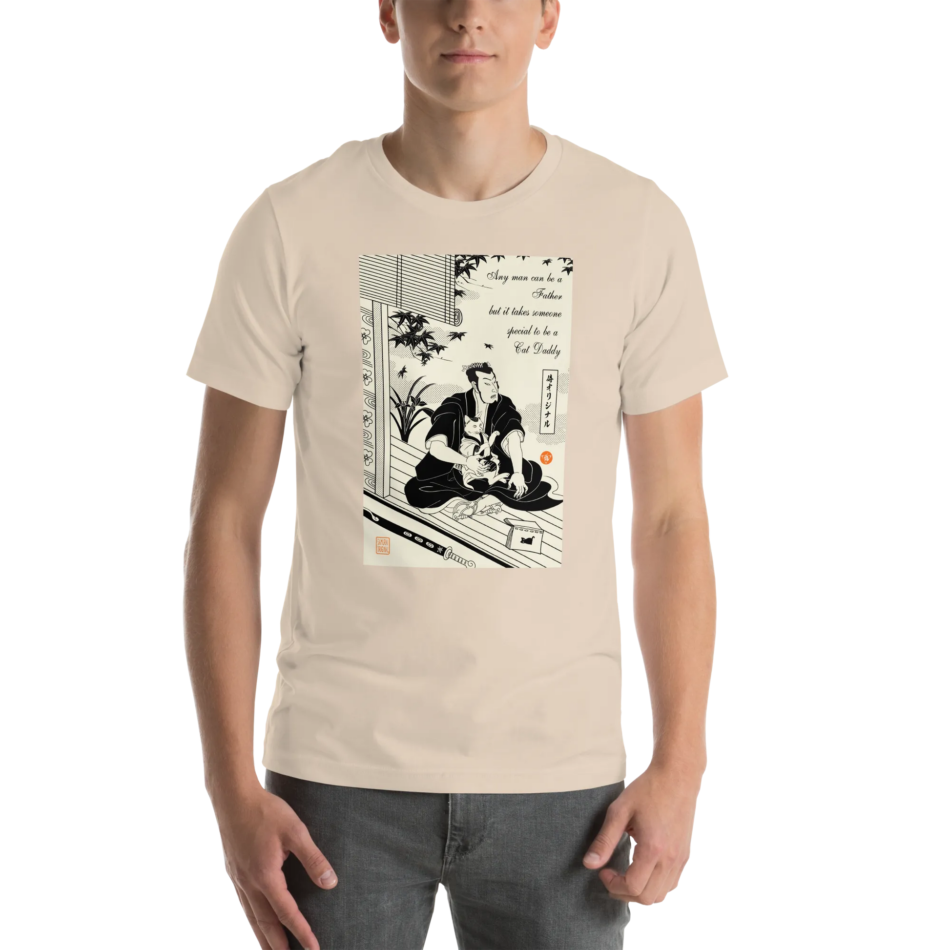 Samurai and Cat Japanese Ukiyo-e Unisex T-shirt 3 - Samurai Original