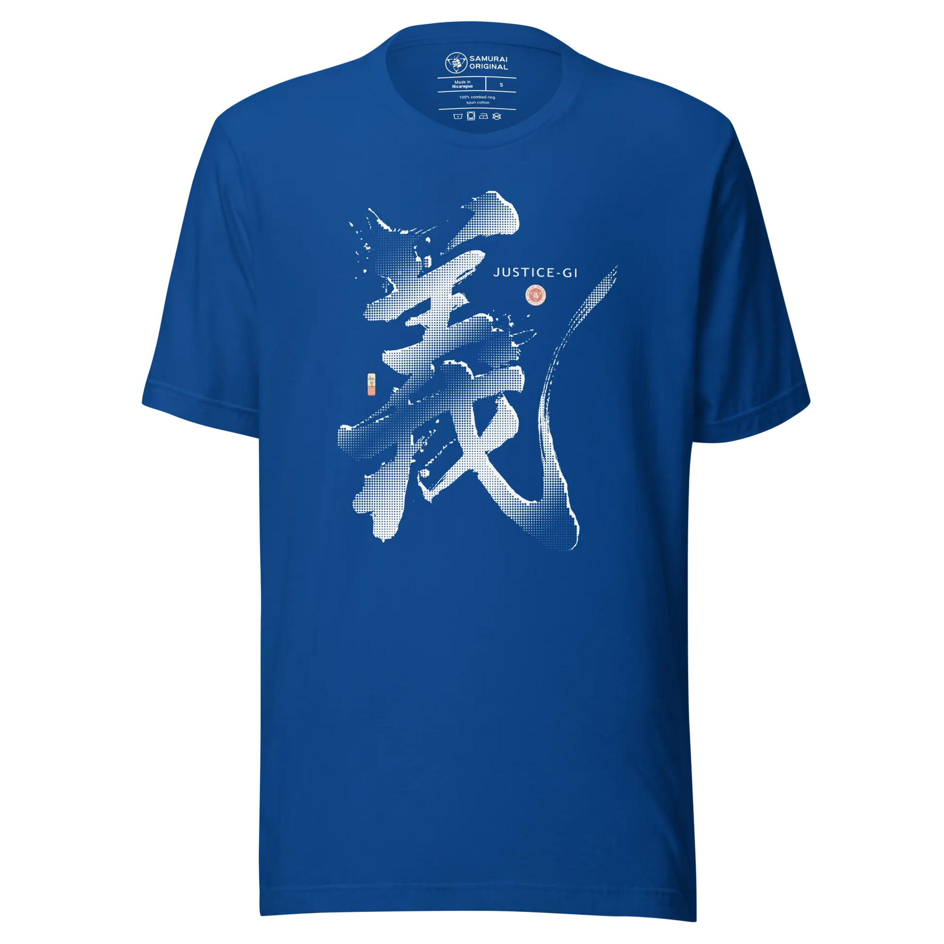 Justice-Gi Seven Virtues Of Bushido Japanese Kanji Calligraphy Unisex T-Shirt - True Royal / S