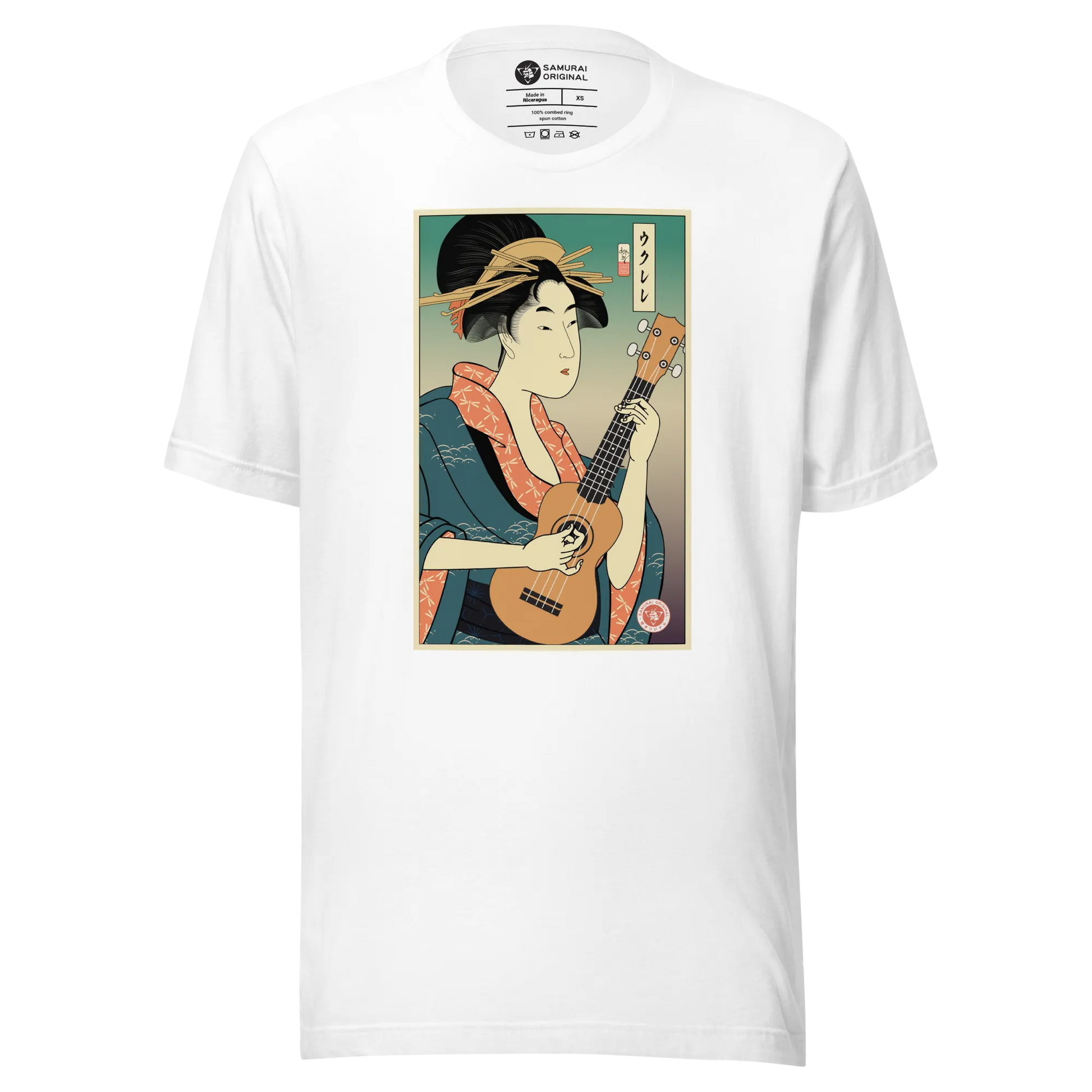 Geisha Ukulele Player String Instrument Japanese Ukiyo-e Unisex T-Shirt - White / XS