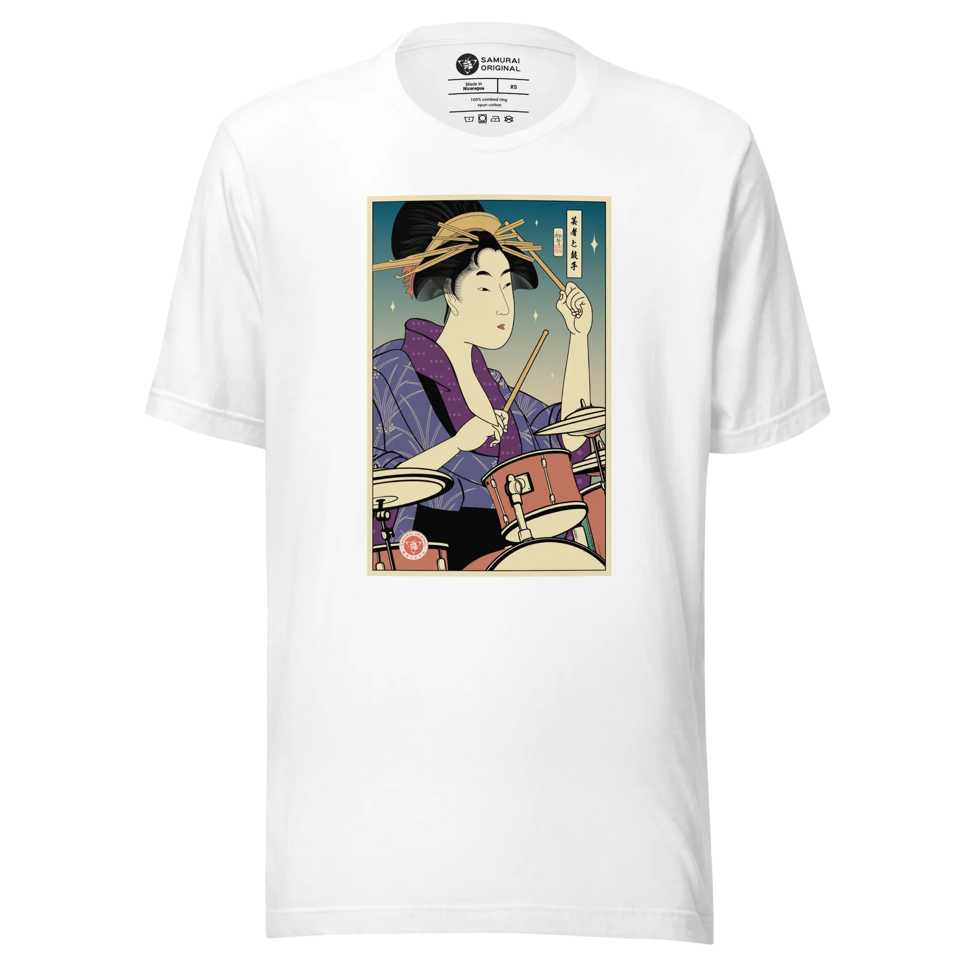 Geisha Drummer Percussion Music Japanese Ukiyo-e Unisex T-Shirt - White / XS