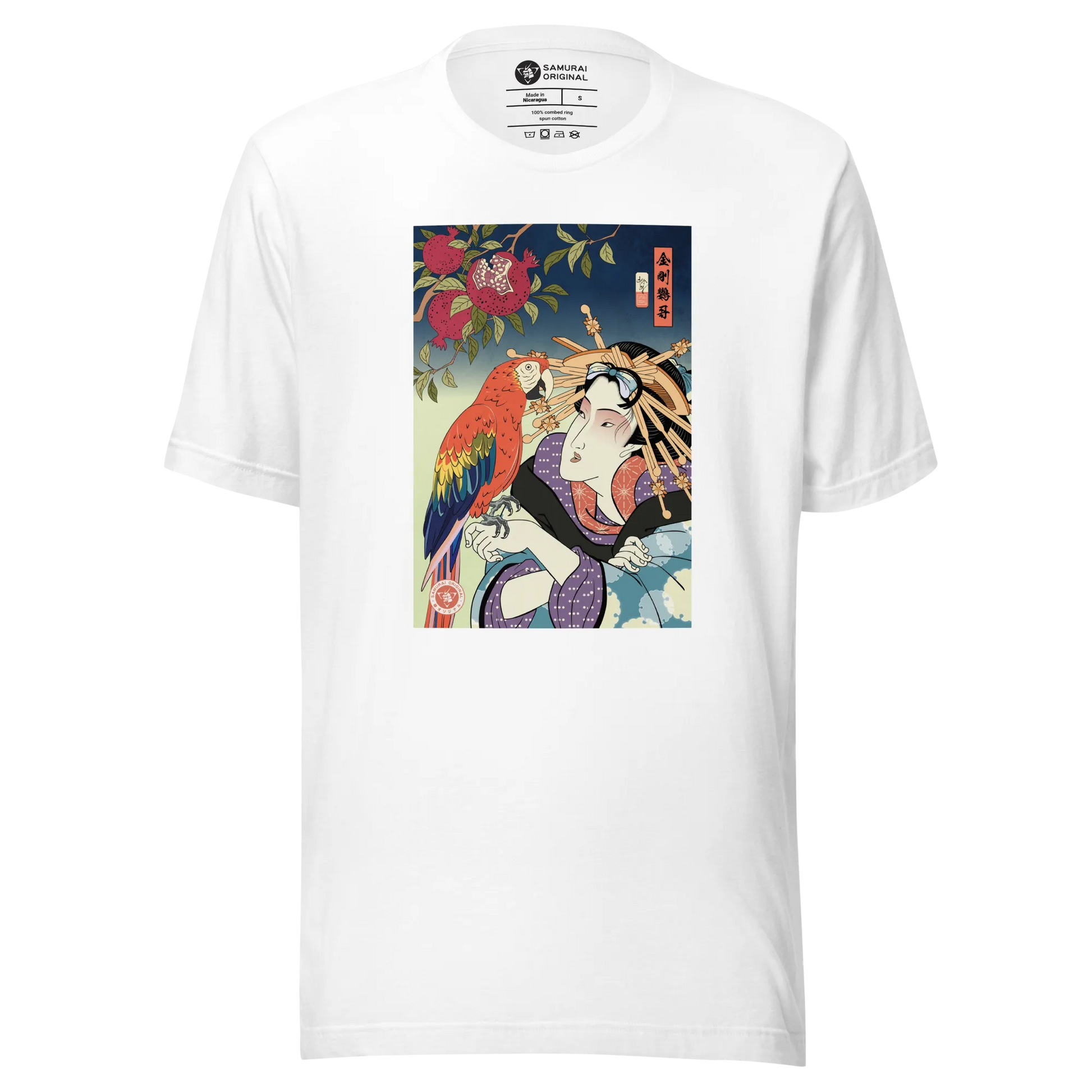 Geisha & Macaw Parrot Bird Japanese Ukiyo-e Unisex T-Shirt - White / S