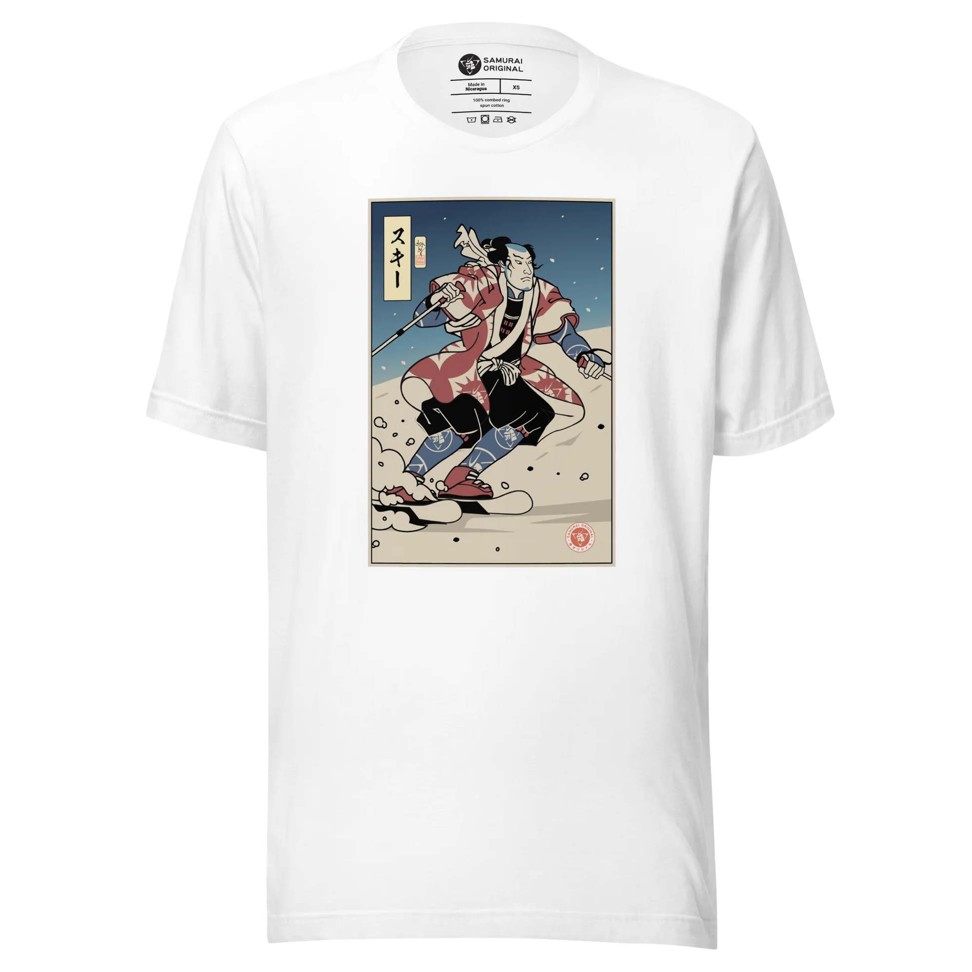 Samurai Ski 2 Winter Sport Ukiyo-e Unisex T-Shirt - White / XS