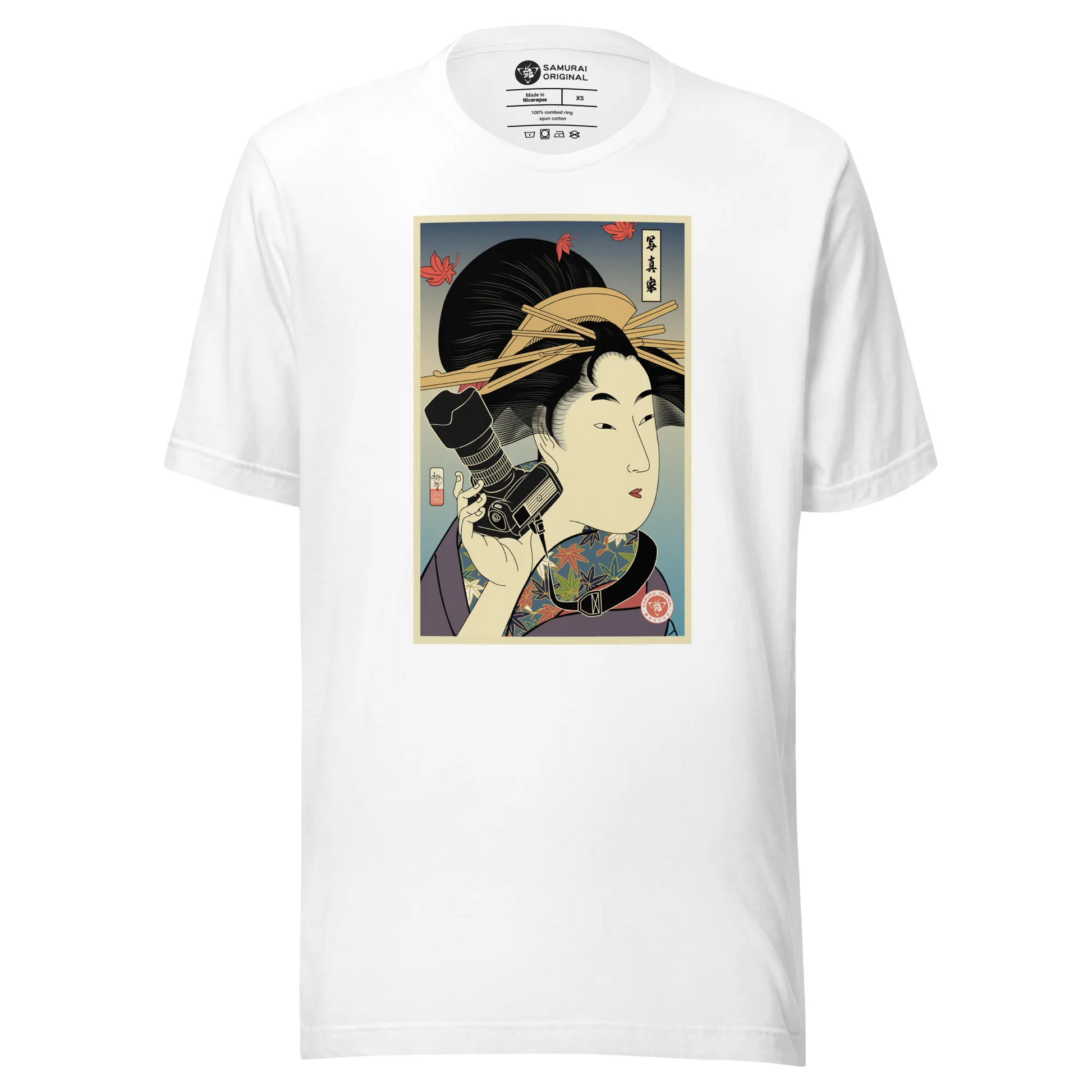 Geisha Photographer Camera Japanese Ukiyo-e Unisex T-Shirt - White / XS