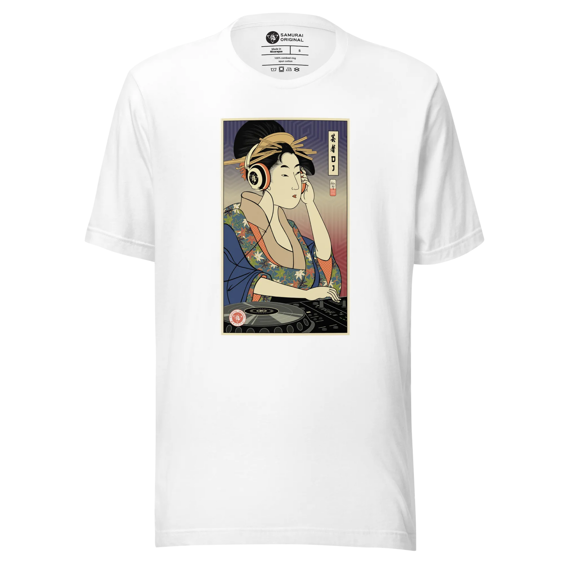 Geisha DJ Turntable Music Japanese Ukiyo-e Unisex T-Shirt - White / S