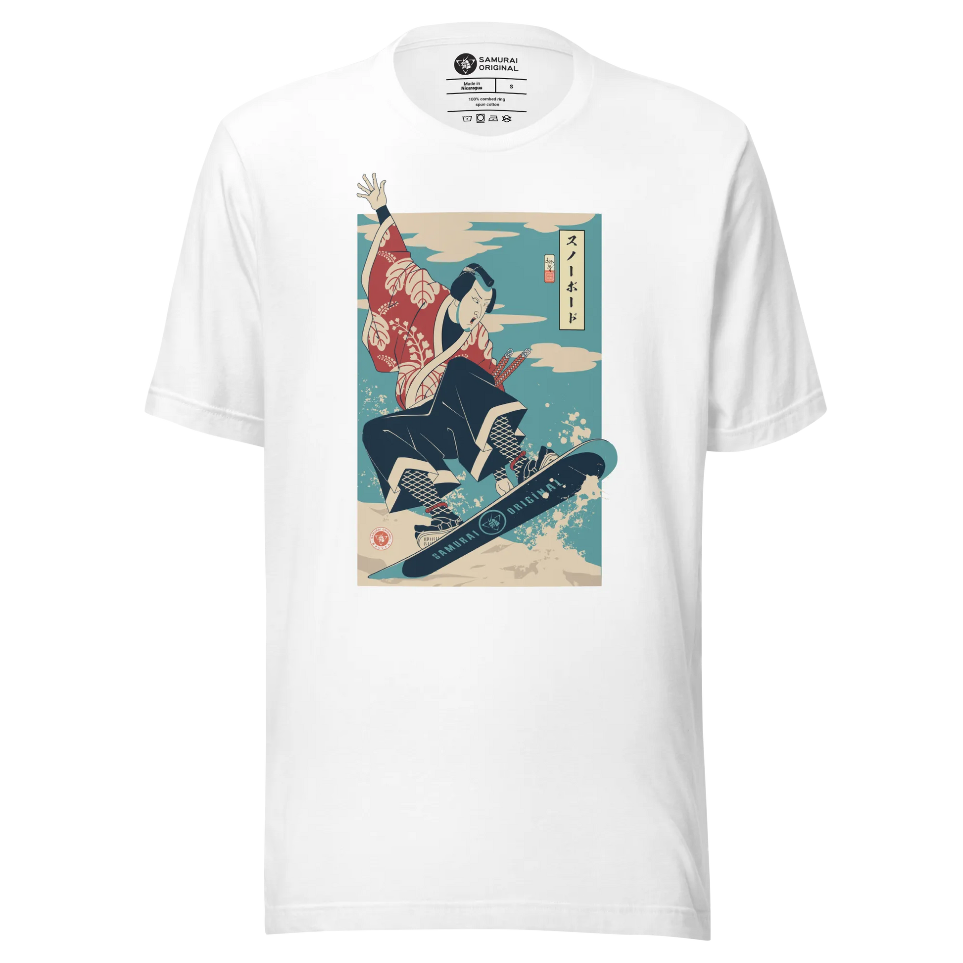 Samurai Snowboard Winter Sport Ukiyo-e Unisex T-Shirt - White / S