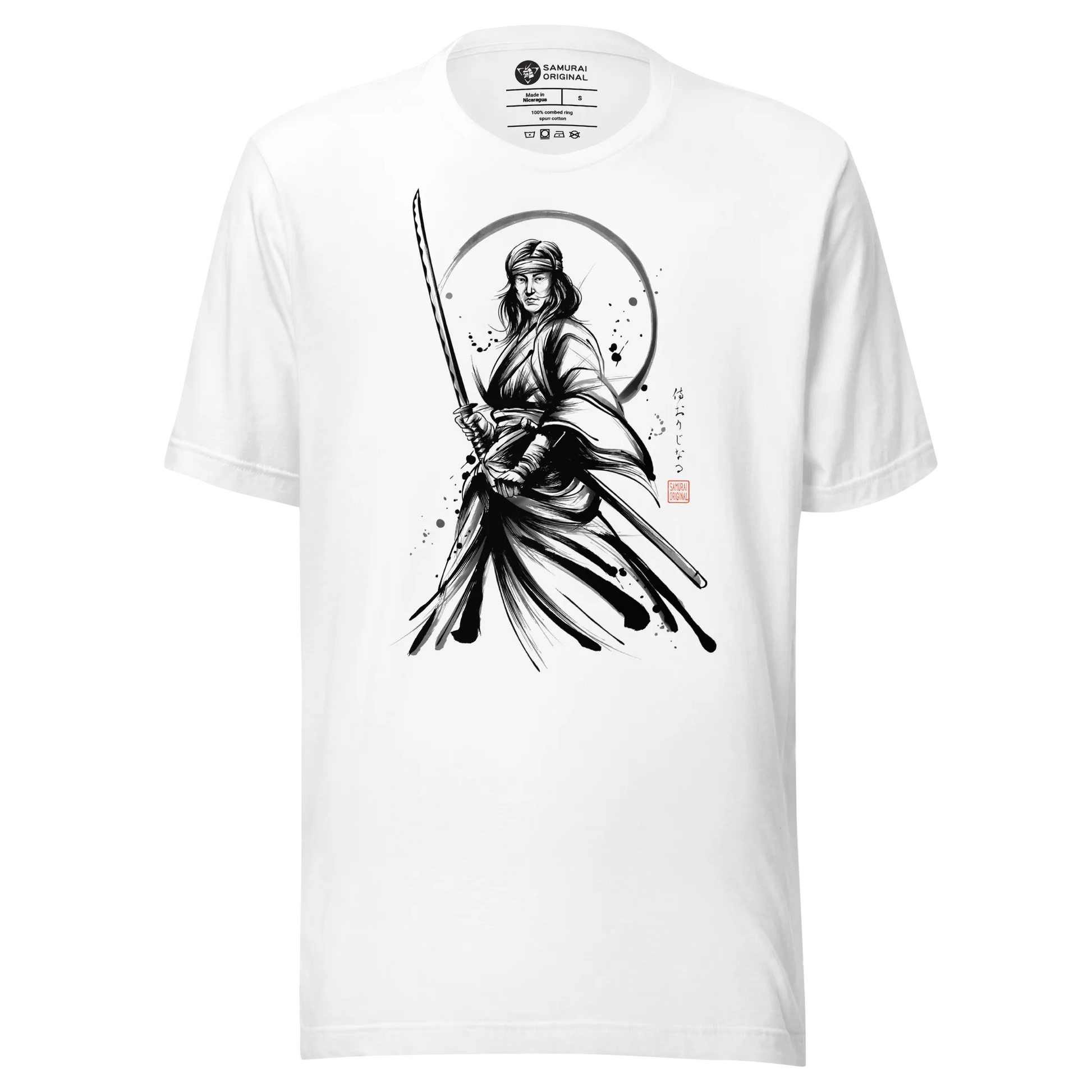 Female Samurai Sumi-e Japanese Ink Unisex T-shirt - White / S