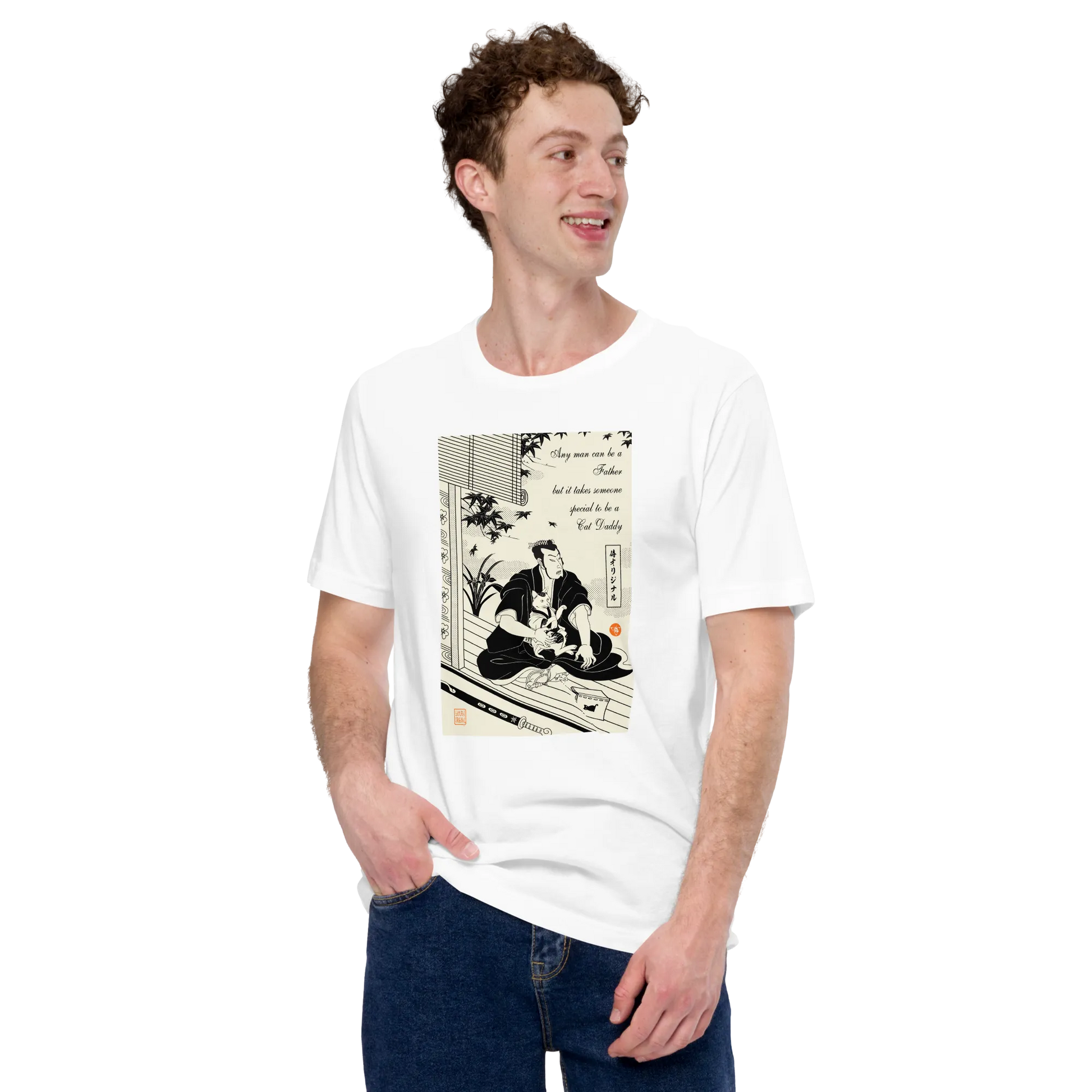 Samurai and Cat Japanese Ukiyo-e Unisex T-shirt 3 - Samurai Original