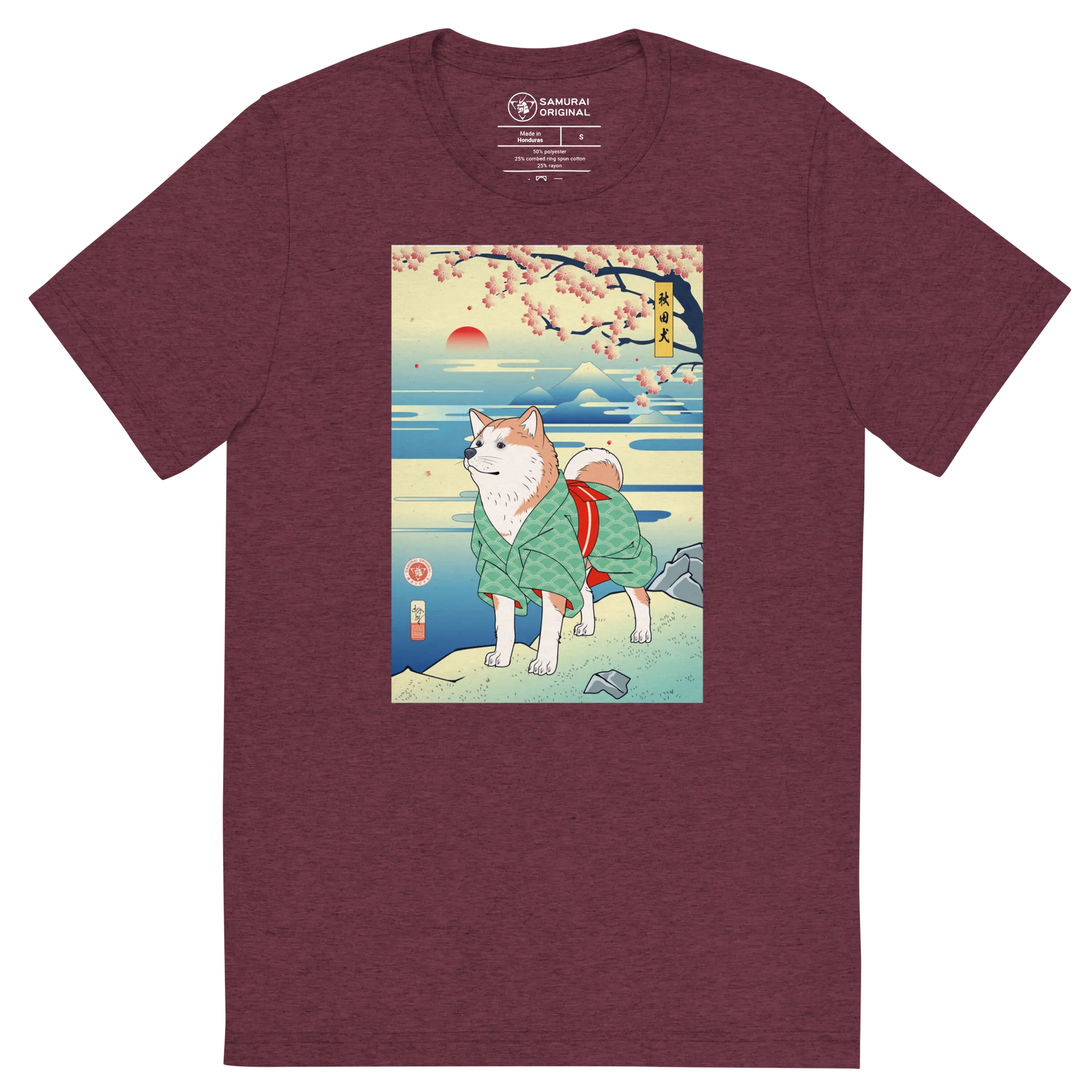 Dog Akita Funny Japanese Ukiyo-e Unisex Tri-Blend T-shirt - Maroon Triblend / S