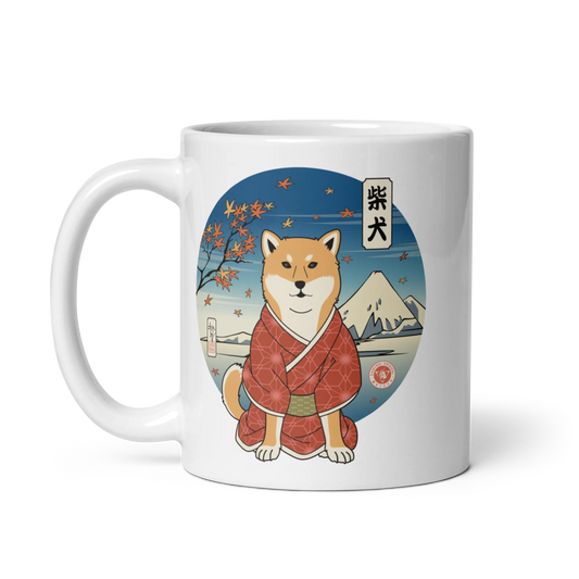 Dog Shiba Inu Samurai Ukiyo-e Funny White glossy mug