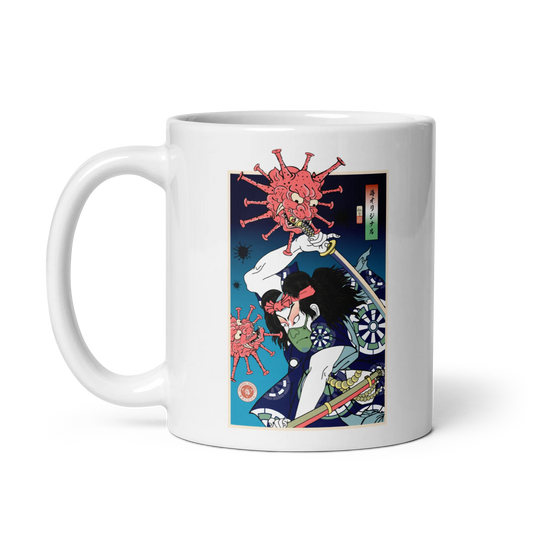 Samurai vs Virus Demon 2 Ukiyo-e White glossy mug