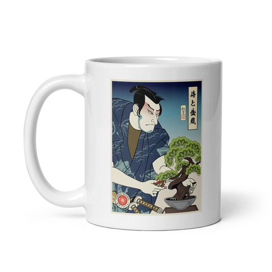 Samurai and Bonsai Tree Ukiyo-e White glossy mug