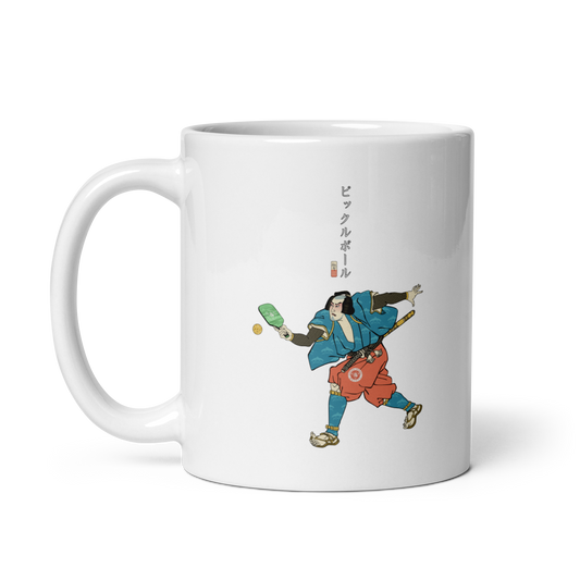 Samurai Play Pickleball Ukiyo-e White glossy mug