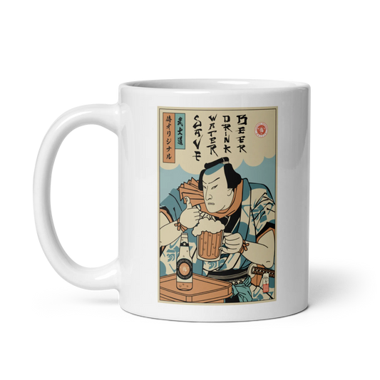 Samurai Save Water Drink Beer Ukiyo-e Funny Saying White glossy mug