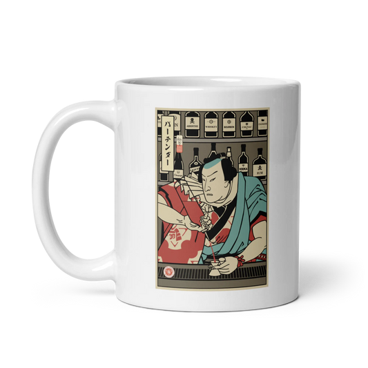 Samurai Bartender Wine Ukiyo-e White glossy mug