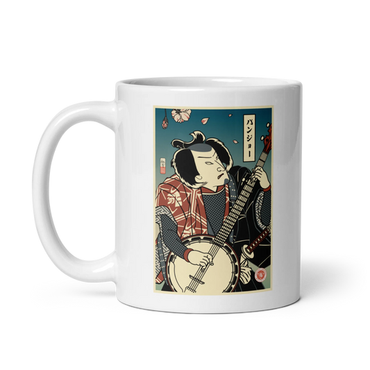 Samurai Banjo Player Music Ukiyo-e White glossy mug