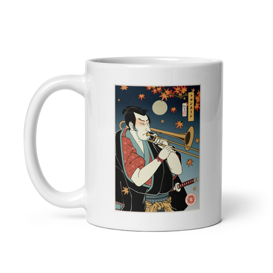 Trombone Samurai Music Ukiyo-e White glossy mug