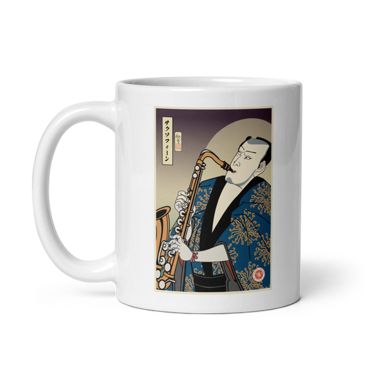 Samuai Saxophone Music Japanese Ukiyo-e White glossy mug