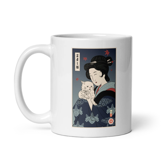 Geisha & Cat Ukiyo-e White glossy mug