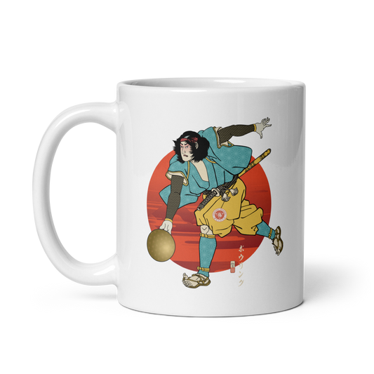 Samurai Play Bowling Ukiyo-e White Glossy Mug